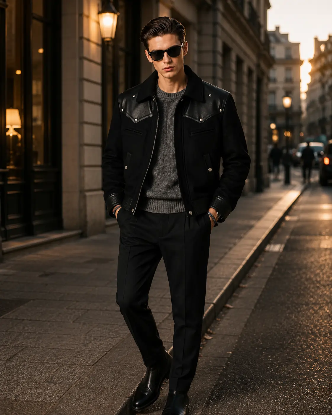 Classic biker jacket layered over a sweater for shoulder-season cold